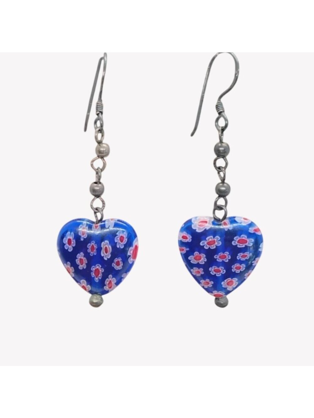 Handmade Millefiori Murano glass blue red heart earrings dangle Italy